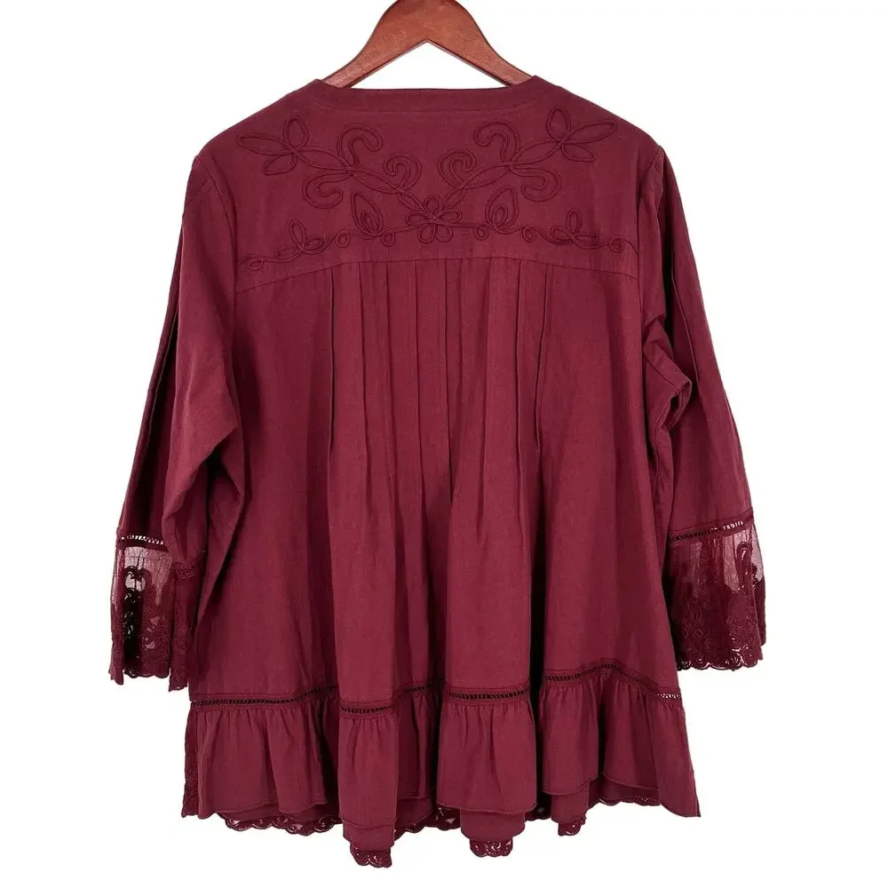 Ali Miles Deep Red Blouse with Embroidered Lace - Picture 7 of 7
